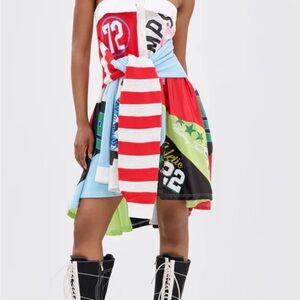 AKIRA Multicolor Patchwork High-Low Skirt with Red Panels